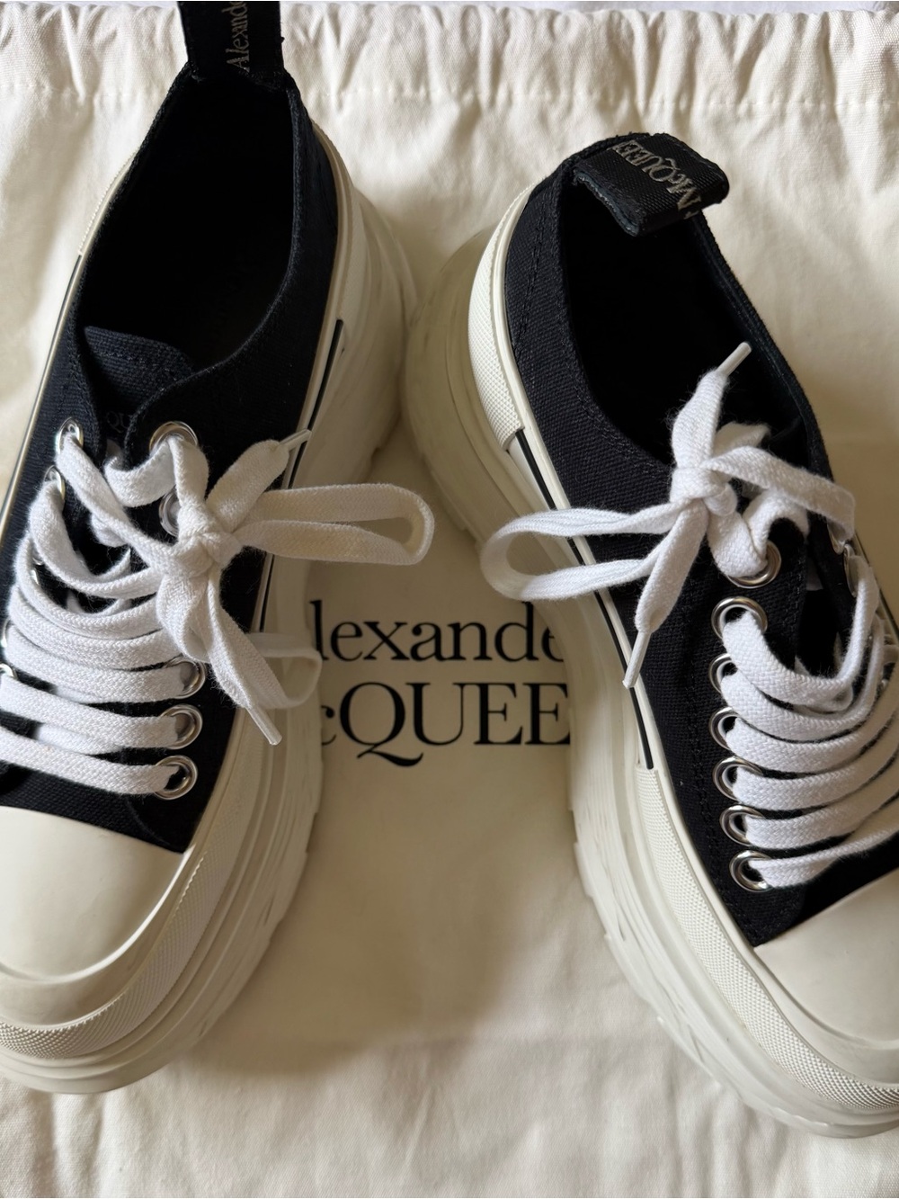 Alexander McQueen Black and White Canvas Thick-Sole Low-Top Sneakers - Picture 2 of 4
